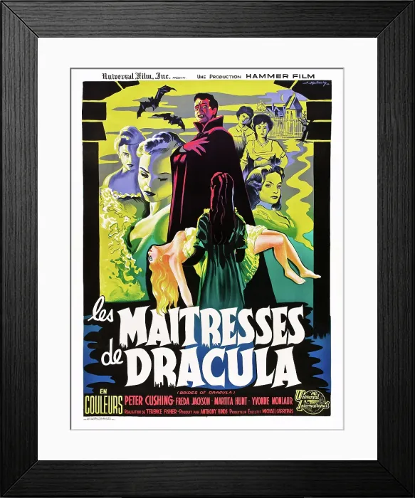 Framed Print : THE BRIDES OF DRACULA (aka LES MAITRESSES DE DRACULA), French poster art, David Peel (center), 1960