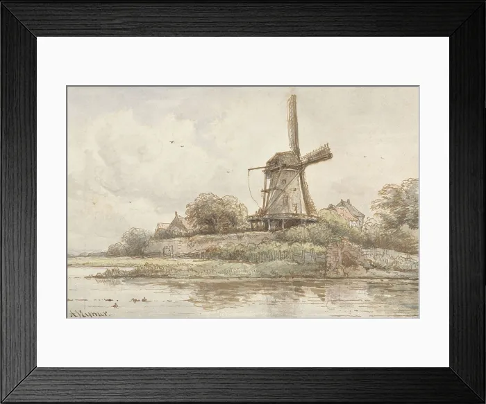 Framed Print : Mill on Ramparts, by Arnoldus Johannes Eymer, 1830-60, Dutch watercolor painting. Windmill built on city walls next to a canal (BSLOC_2016_2_23)