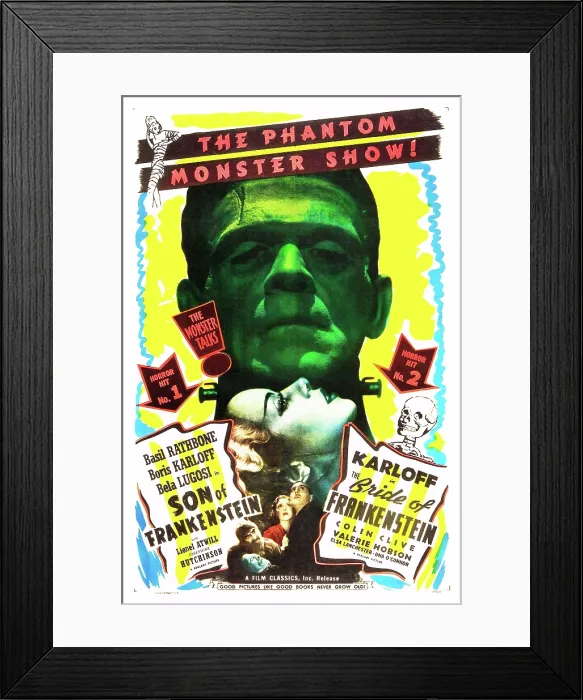 Framed Print : BRIDE OF FRANKENSTEIN / SON OF FRANKENSTEIN double feature poster featuring from top: Boris Karloff, Elsa Lanchester, Boris Karloff, Bela Lugosi, Josephine Hutchinson Framed Print : BRIDE OF FRANKENSTEIN / SON OF FRANKENSTEIN double feature poster featuring from top: Boris Karloff, Elsa Lanchester, Boris Karloff, Bela Lugosi, Josephine Hutchinson