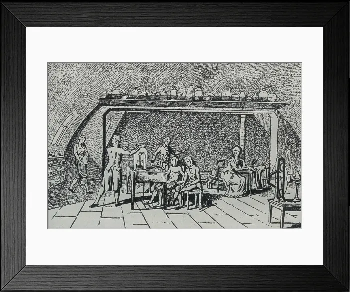 Framed Print : LAVOISIER, Marie Anne Pierrette (1758-1836); Lavoisier, Antoine-Laurent (1743-1794). Lavoisier and his breathing experiments. Engraving after a drawing by Madame Lavoisier