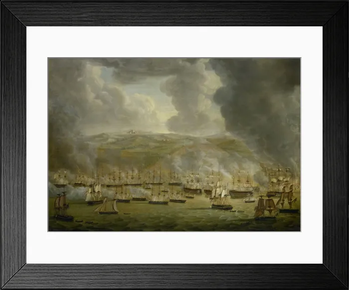 Framed Print : Bombardment of Algiers by the United Anglo-Dutch Naval Squadron, 1816, by Gerardus Keultjes, Dutch painting, oil on canvas. The shelling has caused fire in buildings on shore Framed Print : Bombardment of Algiers by the United Anglo-Dutch Naval Squadron, 1816, by Gerardus Keultjes, Dutch painting, oil on canvas. The shelling has caused fire in buildings on shore