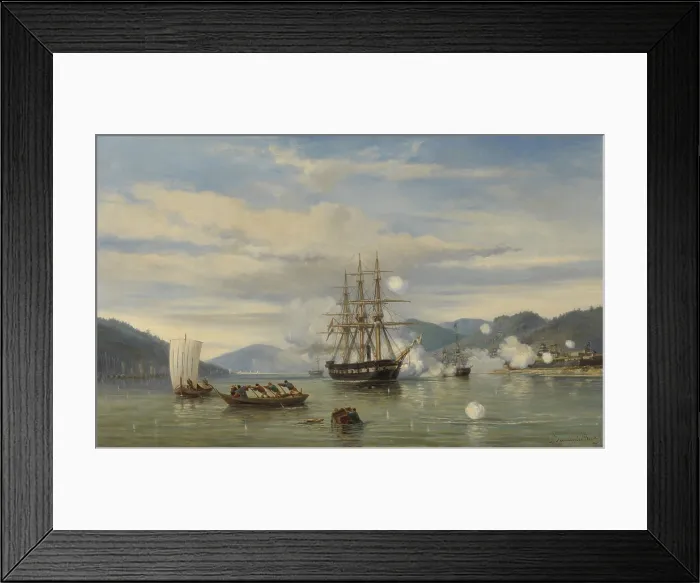 Framed Print : HNLMS Steam Warship Medusa Forcing Passage through Shimonoseki Strait, by Jacob van Heemskerck, 1864, Dutch painting, oil on canvas Framed Print : HNLMS Steam Warship Medusa Forcing Passage through Shimonoseki Strait, by Jacob van Heemskerck, 1864, Dutch painting, oil on canvas