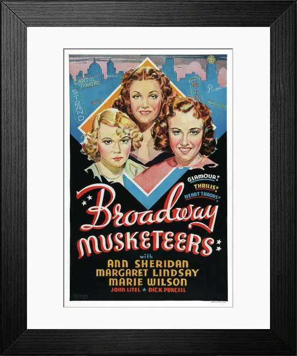 Framed Print : BROADWAY MUSKETEERS, US poster art, from left: Marie Wilson, Ann Sheridan, Margaret Lindsay, 1938