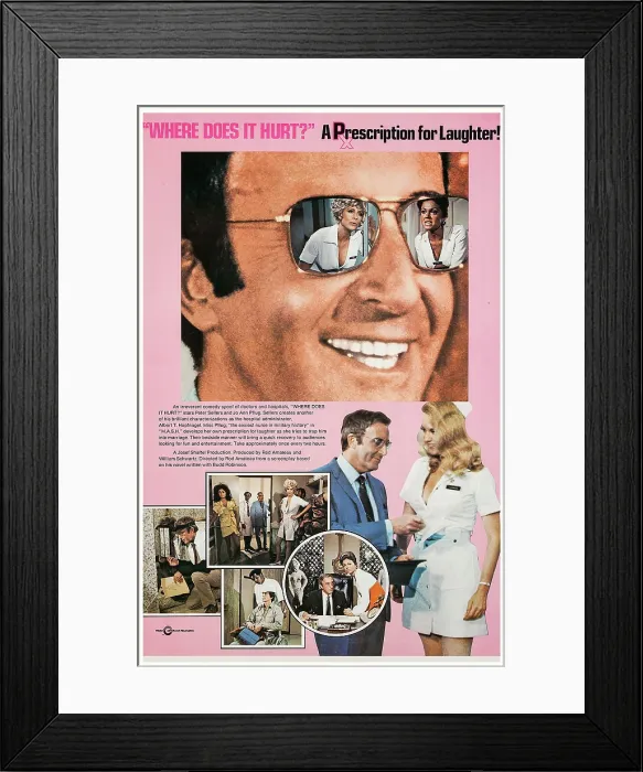 Framed Print : WHERE DOES IT HURT?, US poster art, top & bottom inserts: Peter Sellers; top, in eyeglasses, from left: Eve Bruce, Joann Pflug, 1972
