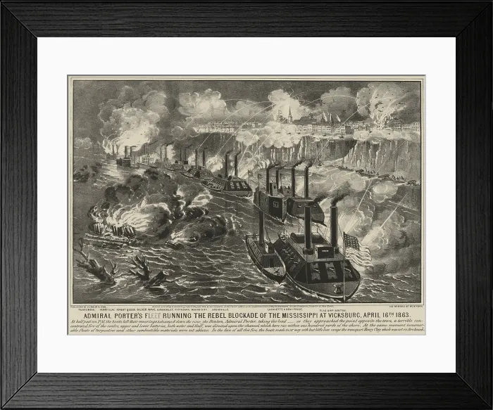 Framed Print : US Civil War, Vicksburg Campaign, Jan. 8-July 4, 1863. Admiral Porters fleet runs through the rebel blockade of the Mississippi at Vicksburg, April 16, 1863 Framed Print : US Civil War, Vicksburg Campaign, Jan. 8-July 4, 1863. Admiral Porters fleet runs through the rebel blockade of the Mississippi at Vicksburg, April 16, 1863