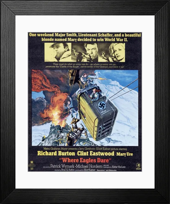 Framed Print : WHERE EAGLES DARE, top l-r: Richard Burton, Clint Eastwood, Mary Ure on poster art, 1968