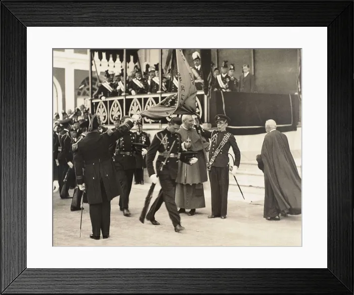 Framed Print : SPAIN. San Fernando. Spain (1930). The prince Juan de Borbn during the alligiance to the flag before his father, the king Alfonso XIII, in the Naval School of San Fernando (28th October 1930)