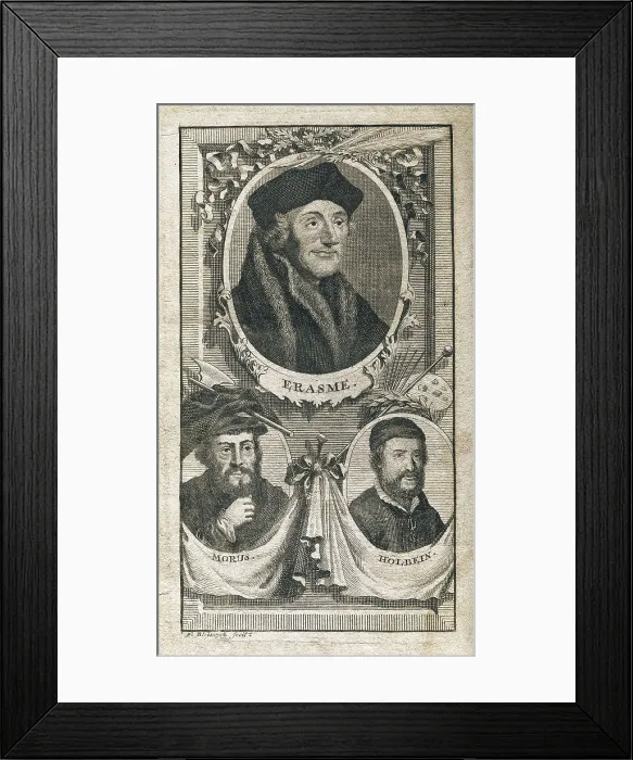 Framed Print : 'L'Eloge de la folie'. Illustration with Desiderius Erasmus of Rotterdam, Thomas More and Holbein. Edition printed in Leyden (1713)