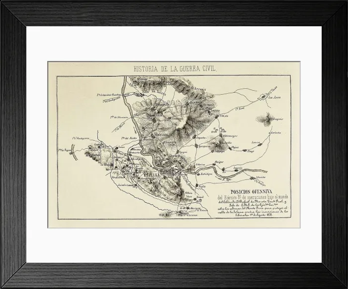 Framed Print : Spain. First Carlist War. Map of the carlist positions of Rafael Maroto in Monte Jurra (beginning of August 1838). Engraving. SPAIN. Madrid. National Library Framed Print : Spain. First Carlist War. Map of the carlist positions of Rafael Maroto in Monte Jurra (beginning of August 1838). Engraving. SPAIN. Madrid. National Library