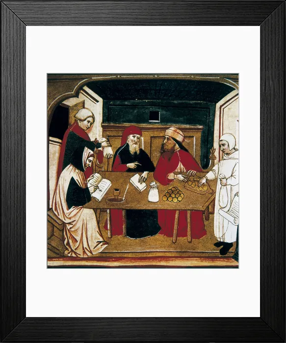Framed Print : Europe (15th c.). Merchants stipulating a contract. The notary registers the presents counting the money. Miniature Painting. ITALY. Venice. Biblioteca nazionale marciana (St) Framed Print : Europe (15th c.). Merchants stipulating a contract. The notary registers the presents counting the money. Miniature Painting. ITALY. Venice. Biblioteca nazionale marciana (St)