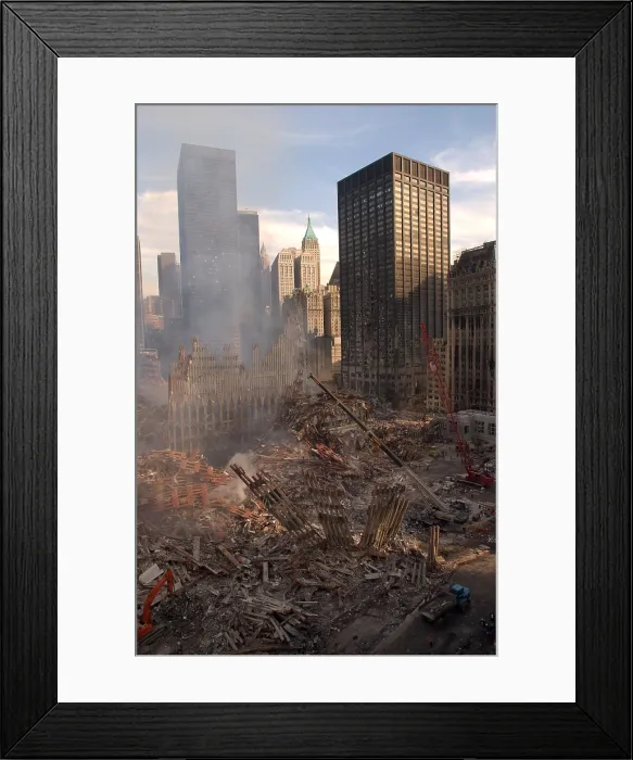 Framed Print : View of Ground Zero from the northwest after the 9-11 terrorist attacks. In the left foreground are the ruins of the North Tower, and in the center, those of the South Tower Framed Print : View of Ground Zero from the northwest after the 9-11 terrorist attacks. In the left foreground are the ruins of the North Tower, and in the center, those of the South Tower