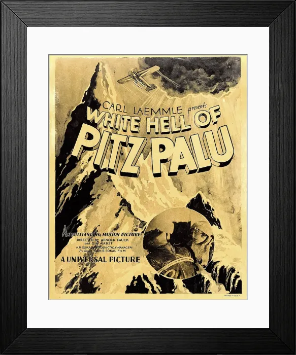 Framed Print : THE WHITE HELL OF PITZ PALU, (aka DIE WEISSE HOLLE VOM PIZ PALU), window card, Leni Riefenstahl (cameo, right), 1929 Framed Print : THE WHITE HELL OF PITZ PALU, (aka DIE WEISSE HOLLE VOM PIZ PALU), window card, Leni Riefenstahl (cameo, right), 1929