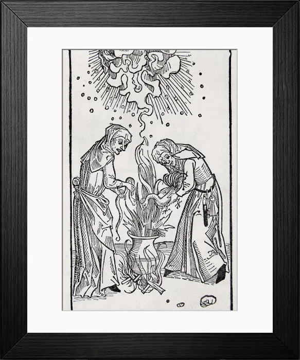 Framed Print : 'De Lamiis et Pythonicis Mulieribus' (Of Witches and Diviner Women, 1508). Work by Ulrich Molitor printed in Augsburg (Germany). Xylography