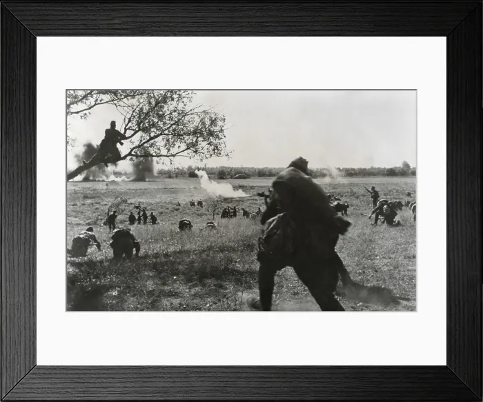 Framed Print : Soviet Russian infantry advancing toward German lines in coordination with tanks. May 1942. One solder is positioned in a tree for observation. World War 2 (BSLOC_2015_13_106) Framed Print : Soviet Russian infantry advancing toward German lines in coordination with tanks. May 1942. One solder is positioned in a tree for observation. World War 2 (BSLOC_2015_13_106)