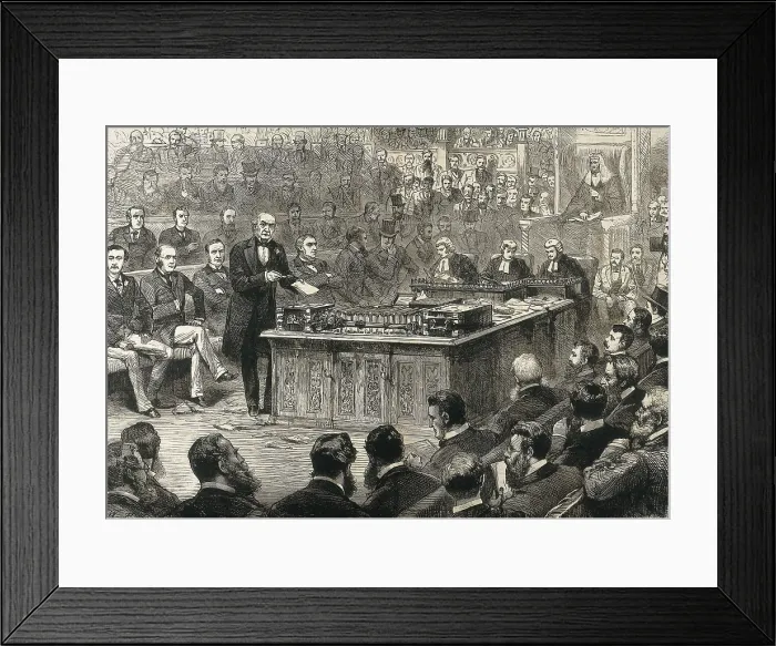 Framed Print : United Kingdom (1886). Prime Minister William Ewart Gladstone, from the Liberal Party, presents before the House of Commons his Home Rule project for Ireland. Etching