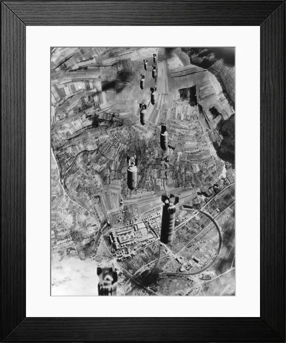 Framed Print : Eight U.S. Air Force bombs drop to Bruchsal, Germany, and important rail center. World War 2, March 1, 1945 (BSLOC_2015_13_66)