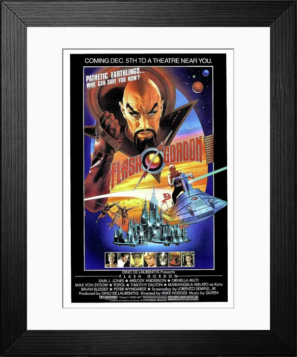 Framed Print : FLASH GORDON, US poster, bottom l-r: Ornella Muti, Topol, Melody Anderson, Sam J. Jones, Mariangela Melato, 1980, Universal / courtesy Everett Collection