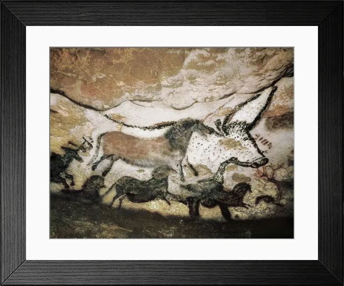 Framed Print : FRANCE. Montignac. The Cave of Lascaux. Horses and a bull, decoration of the great hall's right wall. Upper Paleolithic. Magdalenian. Cave