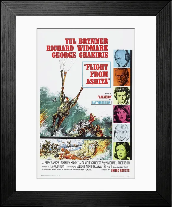 Framed Print : FLIGHT FROM ASHIYA, from top: Yul Brynner, Richard Widmark, George Chakiris, Suzy Parker, Shirley Knight, Daniele Gaubert on poster art, 1964