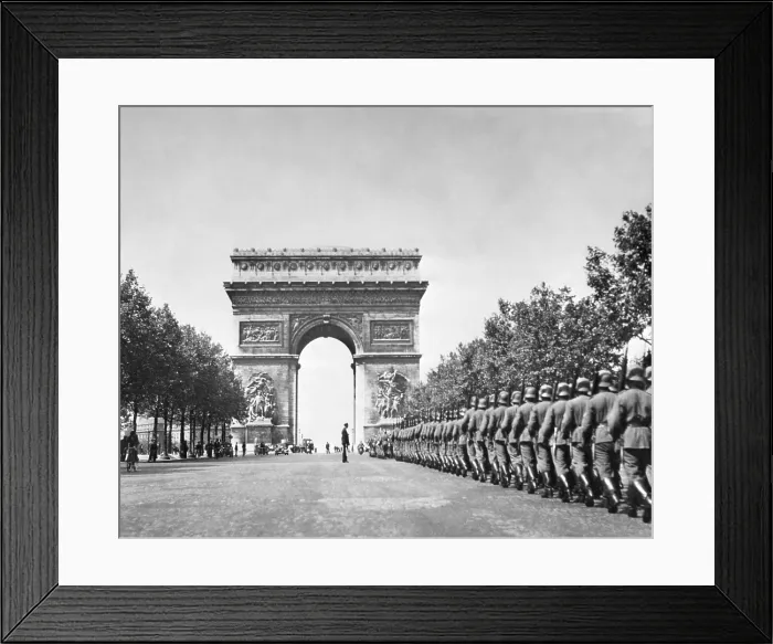Framed Print : German troops marching near Arc of Triumph, during the Nazi occupation of Paris. Summer 1940, World War 2 (BSLOC_2015_13_79)