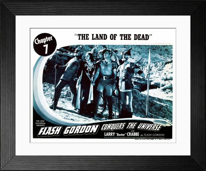 Framed Print : FLASH GORDON CONQUERS THE UNIVERSE, Chapter 7: The Land of the Dead, from left: Carol Hughes, Buster Crabbe, Frank Shannon, lobbycard, 1940