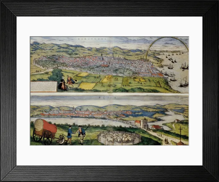 Framed Print : HOGENBERG, Franz (1535-1590). Civitatis Orbis Terrarum. 1572-1617. Map of Barcelona (upper part) and Ecija (1567) Framed Print : HOGENBERG, Franz (1535-1590). Civitatis Orbis Terrarum. 1572-1617. Map of Barcelona (upper part) and Ecija (1567)