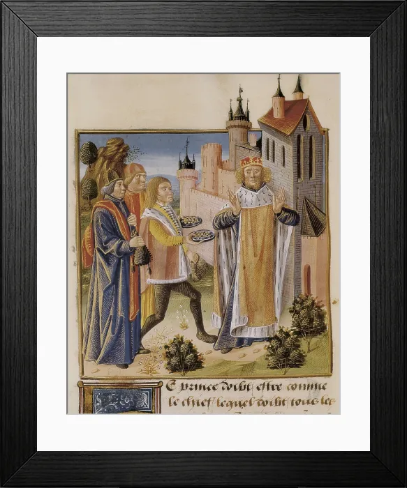 Framed Print : The Book of Good Morals by Jacques Le Grant (1464). Miniature of the Prince receiving taxes from his subjects. Gothic art. Miniature Painting. FRANCE. Chantilly