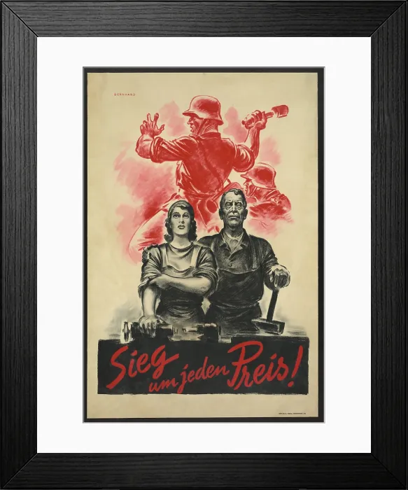 Framed Print : Sieg um jeden Preis! Victory at any cost! 1942 German World War 2 poster showing two civilian laborers against a background of soldier throwing grenade Framed Print : Sieg um jeden Preis! Victory at any cost! 1942 German World War 2 poster showing two civilian laborers against a background of soldier throwing grenade