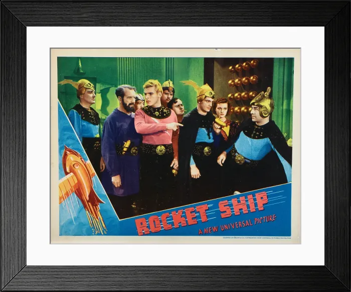 Framed Print : FLASH GORDON, (aka ROCKETSHIP), lobbycard Frank Shannon (beard), Buster Crabbe (pointing), Jean Rogers (back right), 1936