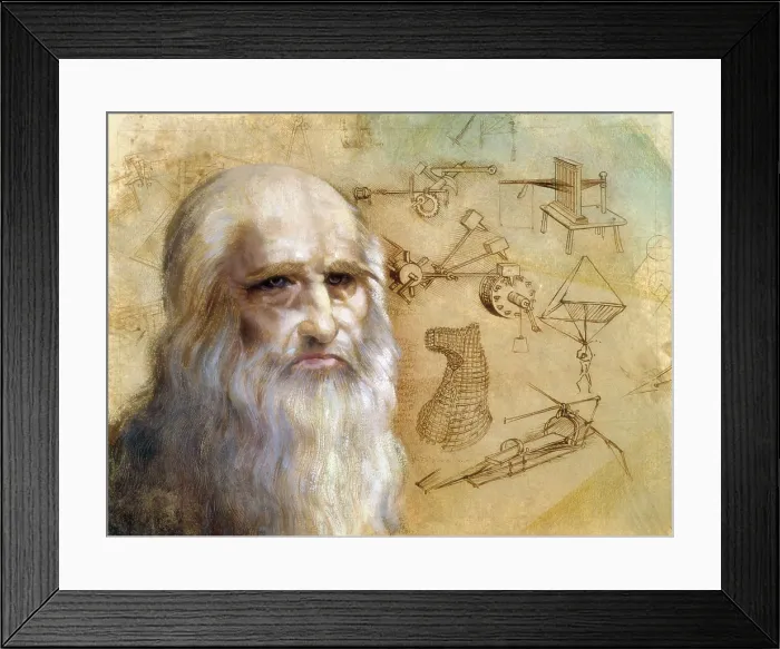 Framed Print : LEONARDO DA VINCI (1452-1519). Portrait of Leonardo da Vinci and some of his inventions. Oil. AISA / Everett Collection**US SALES ONLY**