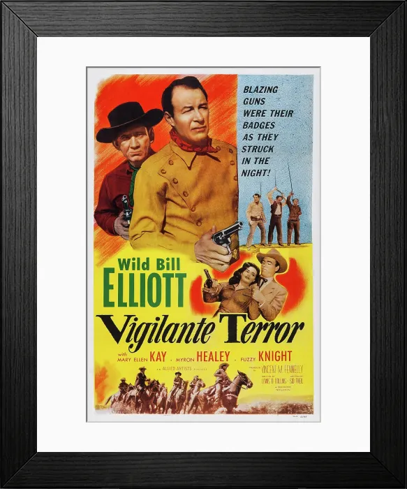 Framed Print : VIGILANTE TERROR, US poster, top from left: Fuzzy Knight, Bill Elliott, center from left: Mary Ellen Kay, Bill Elliott, 1953 Framed Print : VIGILANTE TERROR, US poster, top from left: Fuzzy Knight, Bill Elliott, center from left: Mary Ellen Kay, Bill Elliott, 1953