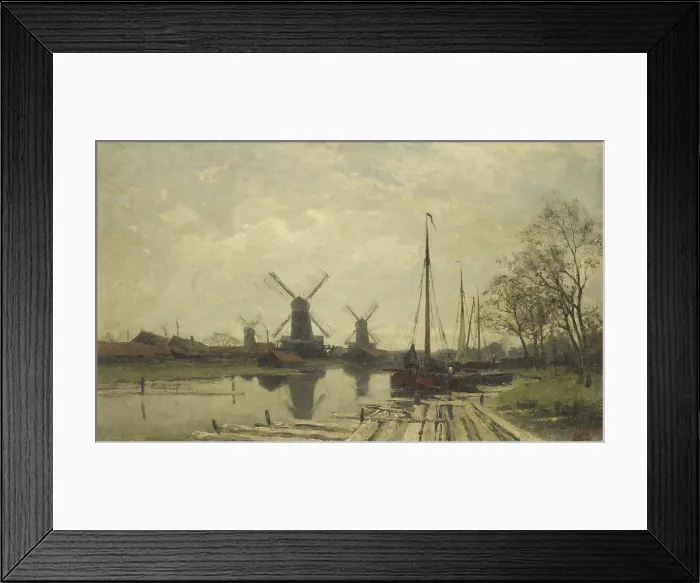 Framed Print : Waterway near the Baarsjes, Amsterdam, by Jan Hillebrand Wijsmullerm, 1880-1901, Dutch painting, oil on canvas. Three windmills near the waterfront (BSLOC_2016_2_25)