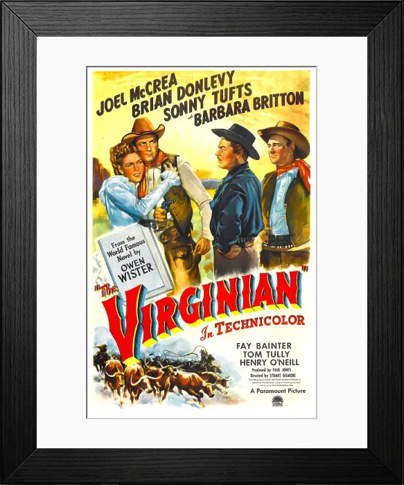 Framed Print : THE VIRGINIAN, US poster, from left: Barbara Britton, Joel McCrea, Brian Donlevy, Sonny Tufts, 1946