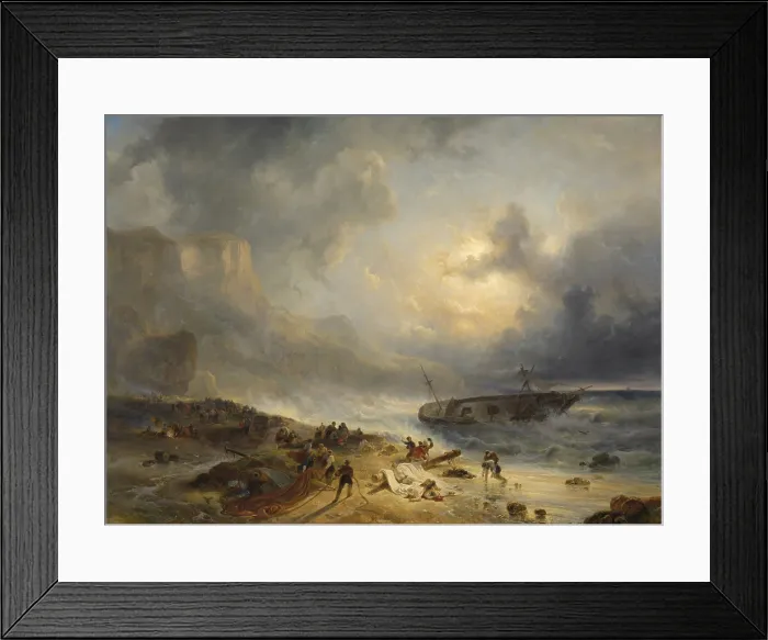 Framed Print : Shipwreck off a Rocky Coast, by Wijnand Nuijen, c. 1837, Dutch painting, oil on canvas