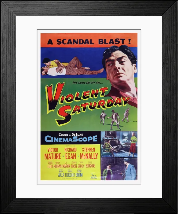 Framed Print : VIOLENT SATURDAY, US poster art, top right: Victor Mature, 1955. TM and copyright 20th Century Fox Film Corp. All rights reserved / Courtesy Everett Collection Framed Print : VIOLENT SATURDAY, US poster art, top right: Victor Mature, 1955. TM and copyright 20th Century Fox Film Corp. All rights reserved / Courtesy Everett Collection