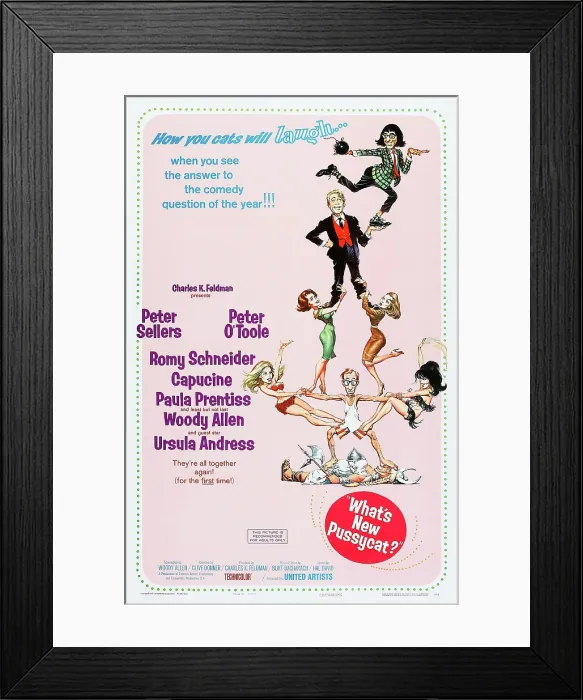 Framed Print : WHAT'S NEW PUSSYCAT?, US poster, from top: Peter Sellers, Peter O'Toole, Romy Schneider (left), Capucine, Ursula Andress (left), Woody Allen, Paula Prentiss, 1965