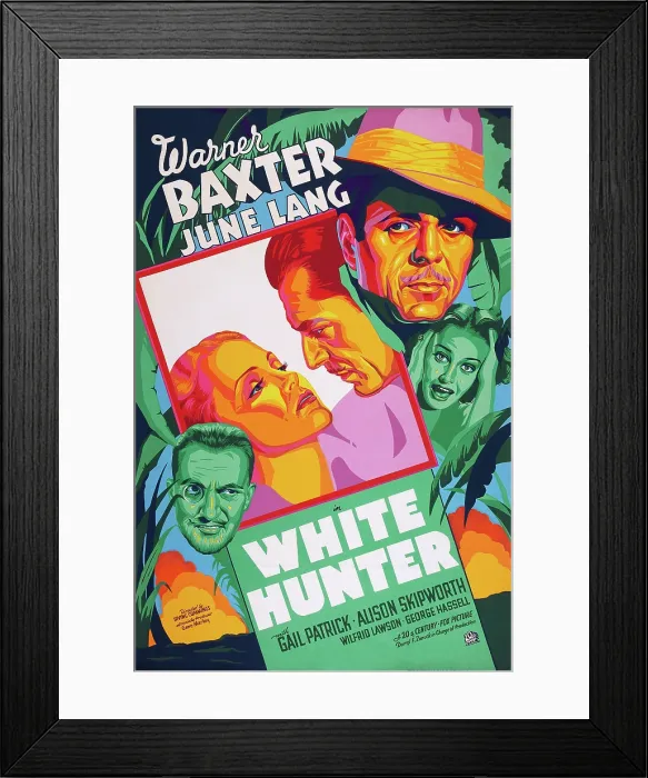 Framed Print : WHITE HUNTER, US poster art, from bottom left: Wilfred Lawson, June Lang, Warner Baxter (twice), Gail Patrick, 1936. TM & Copyright 20th Century Fox Film Corp Framed Print : WHITE HUNTER, US poster art, from bottom left: Wilfred Lawson, June Lang, Warner Baxter (twice), Gail Patrick, 1936. TM & Copyright 20th Century Fox Film Corp