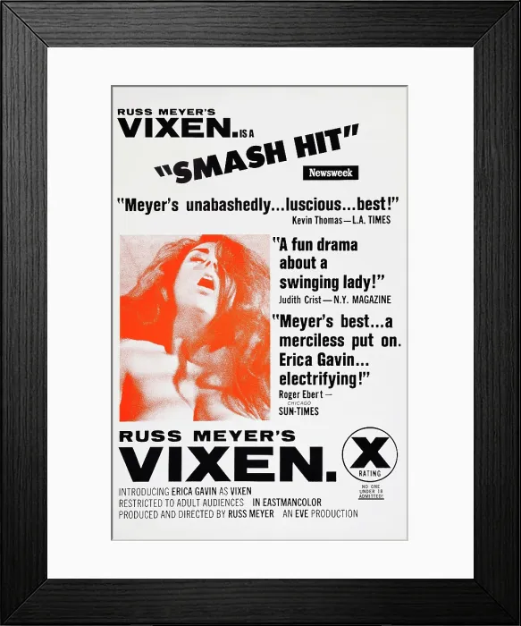 Framed Print : VIXEN!, (aka RUSS MEYER'S VIXEN), US poster art, Erica Gavin, 1968