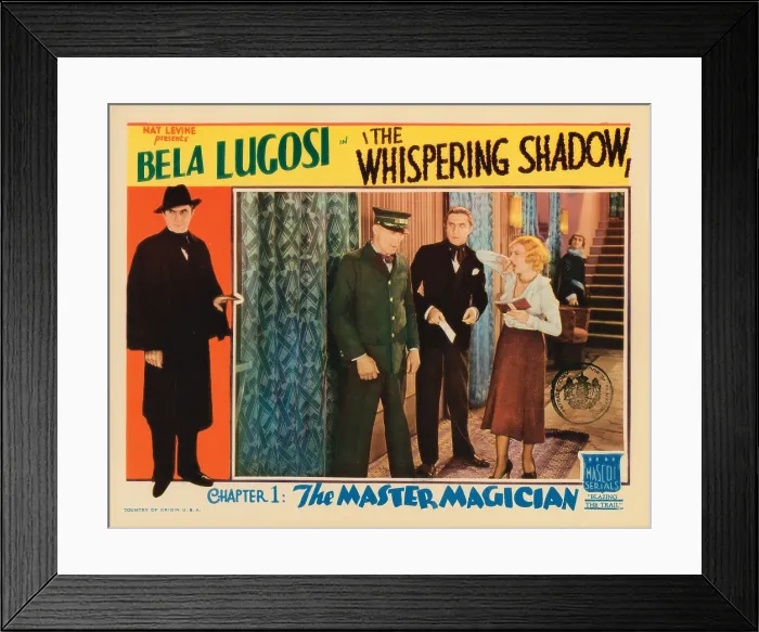 Framed Print : THE WHISPERING SHADOW, lobbycard, Chapter 1: The Master Magician, Bela Lugosi (left, and inset center), Viva Tattersall (right), 1933