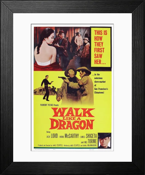 Framed Print : WALK LIKE A DRAGON, US poster art, top left: Nobu McCarthy; top, second from left: James Shigeta; below right with gun: Jack Lord; bottom right: Mel Torme, 1960