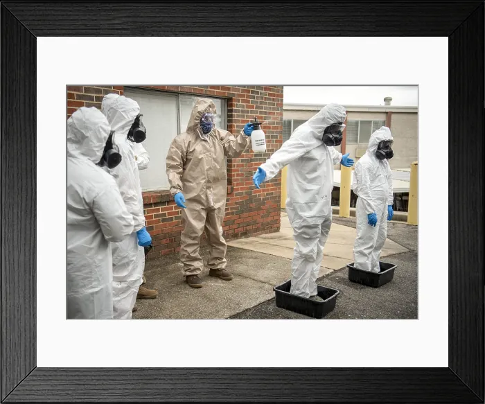Framed Print : National Guardsmen of a COVID-19 response team are disinfected in Birmingham, Alabama, May 27, 2020 (BSLOC_2021_1_27) Framed Print : National Guardsmen of a COVID-19 response team are disinfected in Birmingham, Alabama, May 27, 2020 (BSLOC_2021_1_27)