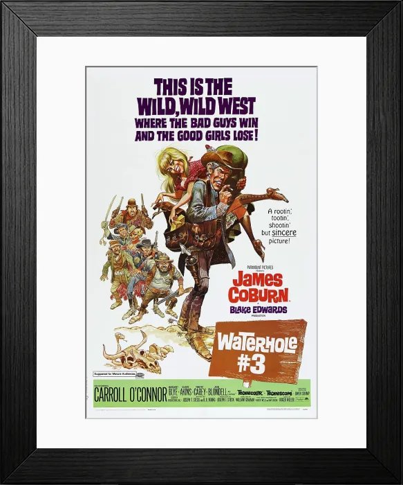 Framed Print : WATERHOLE #3, US poster art by Jack Davis, from left, Margaret Blye, James Coburn, 1967