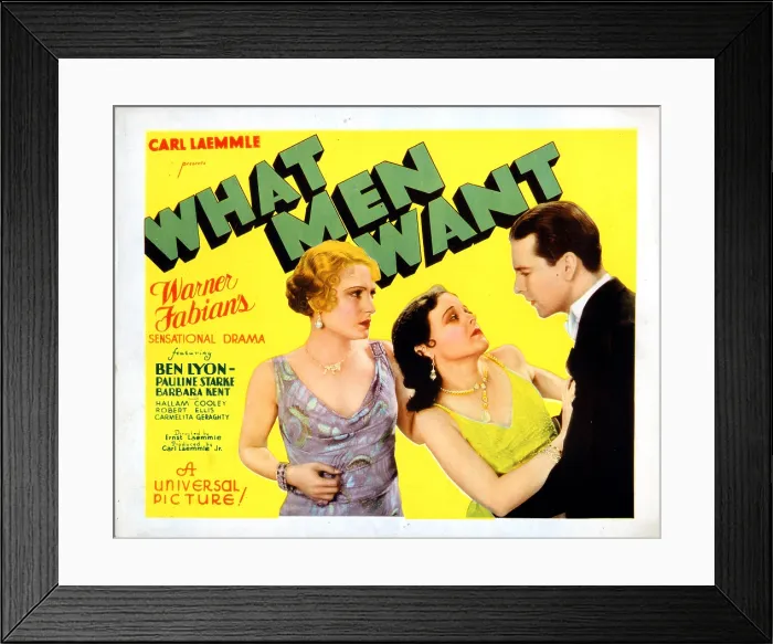Framed Print : WHAT MEN WANT, US poster, from left: Pauline Starke, Barbara Kent, Ben Lyon, 1930