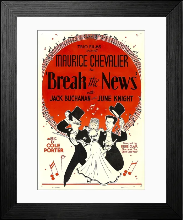 Framed Print : BREAK THE NEWS, from left: Maurice Chevalier, June Knight, Jack Buchanan, 1938 Framed Print : BREAK THE NEWS, from left: Maurice Chevalier, June Knight, Jack Buchanan, 1938