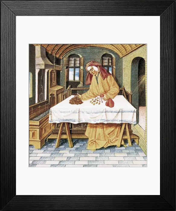 Framed Print : The Book of Good Morals by Jacques Le Grant (1464). An Usurer. Gothic art. Miniature Painting. FRANCE. Chantilly. Muse Cond (Cond Museum). AISA / Everett Collection**US SALES ONLY**