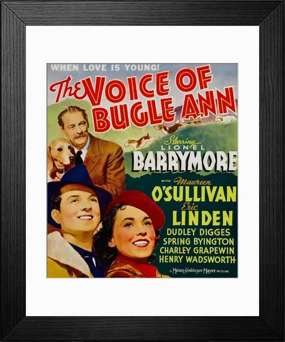 Framed Print : THE VOICE OF BUGLE ANN, top: Lionel Barrymore, bottom from left: Eric Linden, Maureen O'Sullivan on window card, 1936 Framed Print : THE VOICE OF BUGLE ANN, top: Lionel Barrymore, bottom from left: Eric Linden, Maureen O'Sullivan on window card, 1936