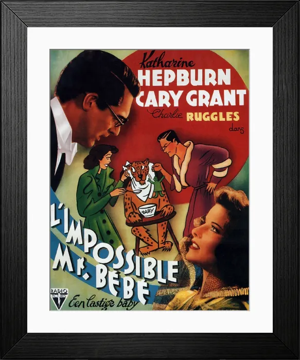 Framed Print : BRINGING UP BABY, (aka L'IMPOSSIBLE MR. BEBE), l-r: Cary Grant, Katharine Hepburn on German poster art, 1938