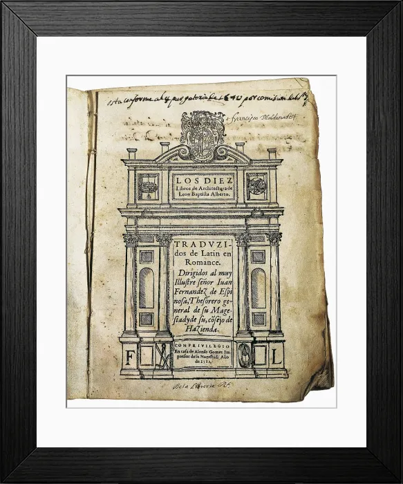 Framed Print : ALBERTI, Leon Battista (1404-1472). Cover of 'The Ten Books on Architecture'. Spanish translation edited in Madrid by Alonso Gmez en 1582. Engraving. SPAIN. Salamanca