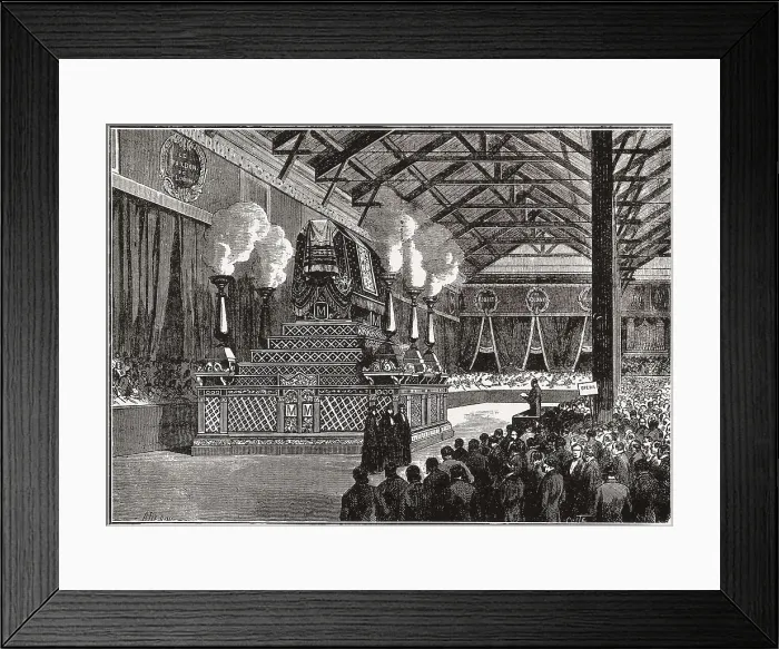 Framed Print : Meyerbeer, Giacomo (1791-1864). Meyerbeer's exequies at the North Station of Paris. Image published in 'Le Monde Illustre' (May 1864). Etching