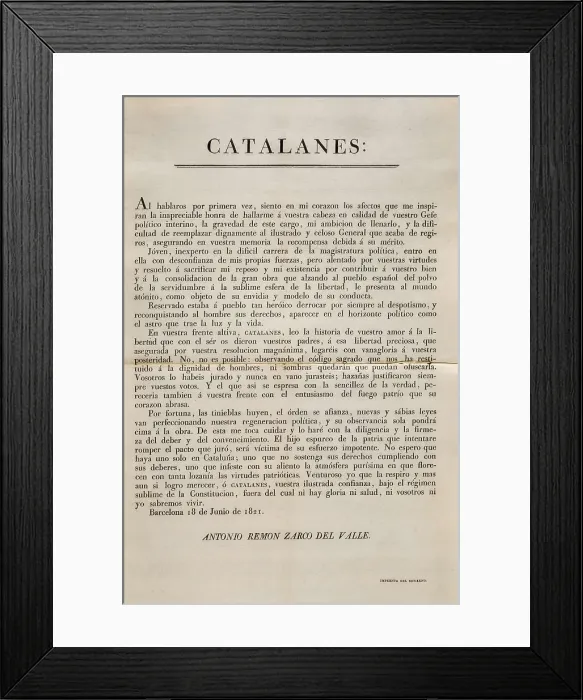 Framed Print : Spain (1820-1823). Liberal Triennium. Edict by Antonio Remn Zaco del Valle adressed to the Catalans (18th June 1821). Private Collection. AISA / Everett Collection**US SALES ONLY** Framed Print : Spain (1820-1823). Liberal Triennium. Edict by Antonio Remn Zaco del Valle adressed to the Catalans (18th June 1821). Private Collection. AISA / Everett Collection**US SALES ONLY**